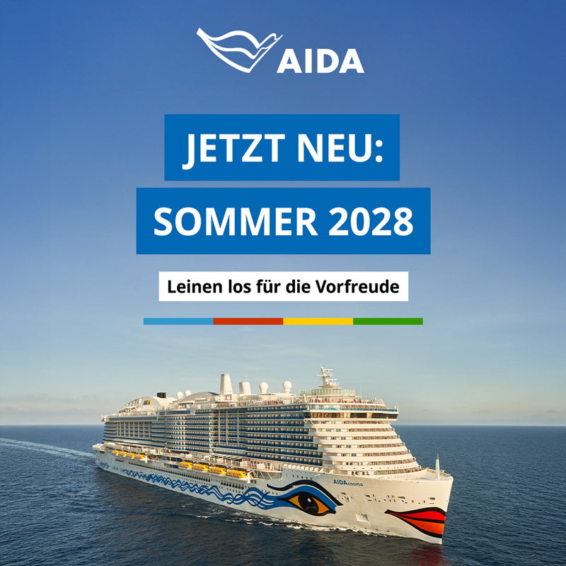 AIDA Schiff auf hoher See - Werbebanner zur Kreuzfahrt-Saison 2028