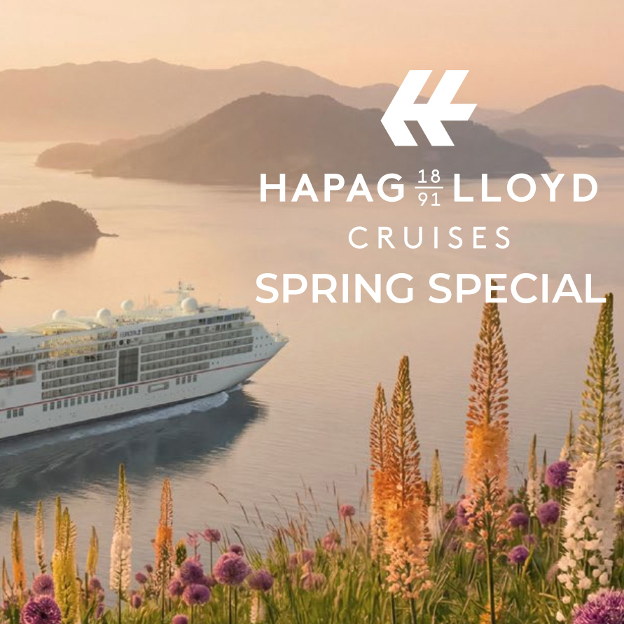 Hapag Lloyd Schiff auf See, grüne Wiese mit Blumen