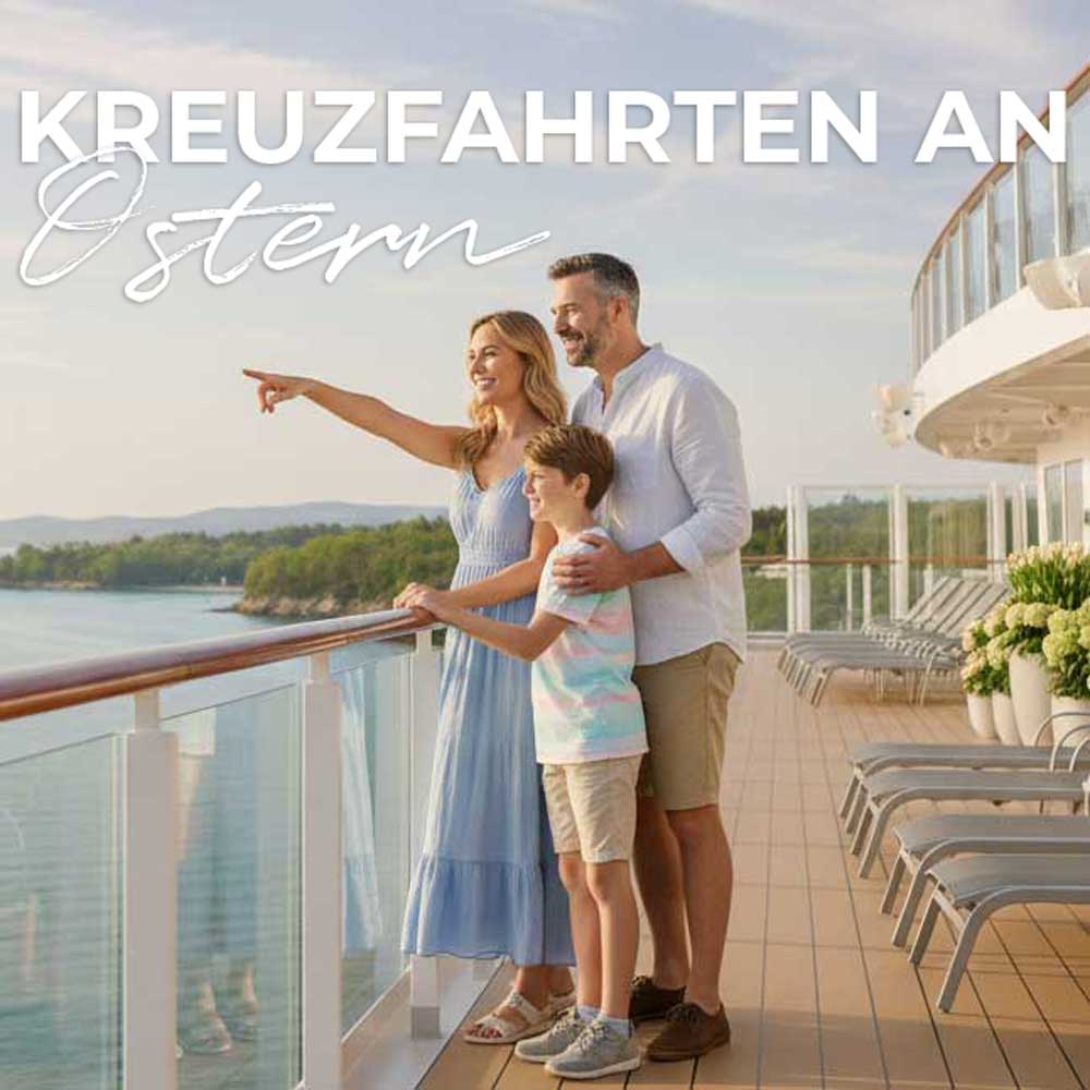 Familie an Deck eines Kreuzfahrtschiffes. Grafik "Kreuzfahrten an Ostern". KI-Generiert.