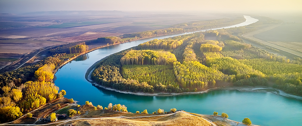 aerial view of the Danube river shore in summer, Dobrogea, Romania